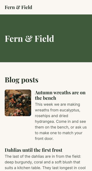 Home page of Fern & Field’s example Stratafold-hosted website at phone width: a fern-green band with serif lettering, then its blog posts